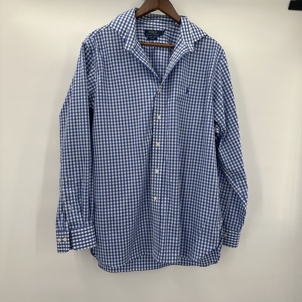 Polo‎ Ralph Lauren Shirt Mens 16.5 34/35 Blue Button Down Plaid Oxford Easy Care